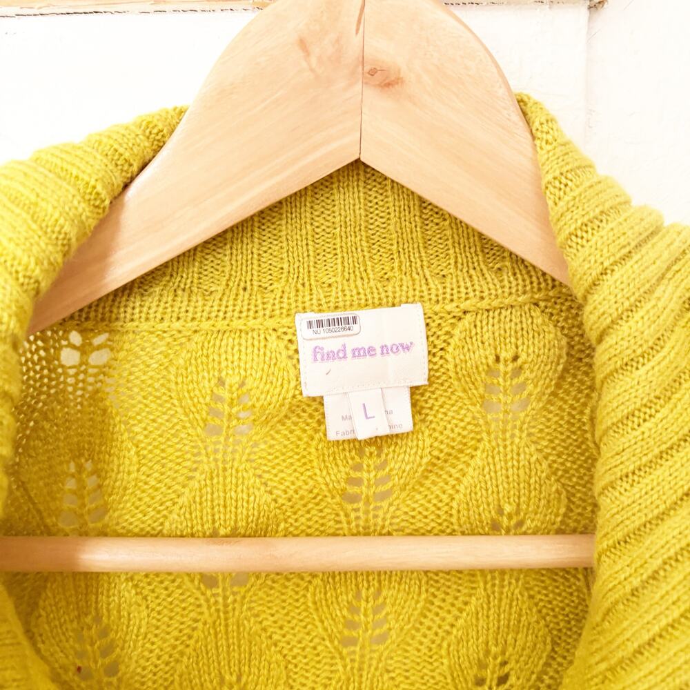Find Me Now Cable Knit Sweater Chartreuse Cropped Eyelet Cozy Pullover Size L - Picture 7 of 7